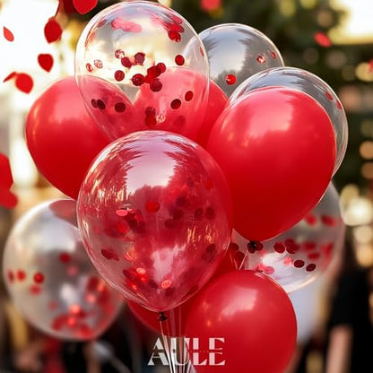 AULE Party Balloons Pack of 42-12in Red Confetti Balloons & Red Latex Balloons and 64ft Ribbons - 12 Inches Balloons Decorations Set - color: Red