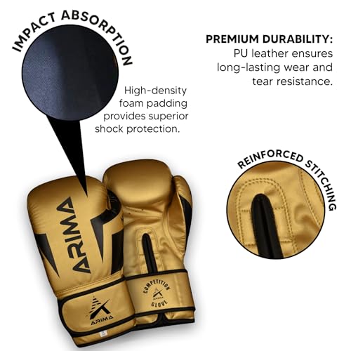 Boxing Gloves - Premium PU Leather, Heavyweight - Ideal for Boxing, Kickboxing, Muay Thai & Fitness Training - color: Gold, size: 12 oz.