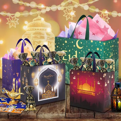 AhfuLife 6 PCS Eid Mubarak Gift Bags, 2 Sizes Eid Tote Bag with Handles, Ramadan Party Bags, Includes 2 Large and 4 Medium Non-Woven Bag for Ramadan Kareem Party Supplies