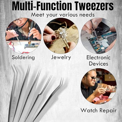 HADIZ Precision Tweezers set Upgraded Anti-Static Stainless Steel Heat Resistant, Curved, Jewelry, Electronics, Craft, Soldering, Experimental Work (5)