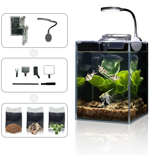 1.5 Gallon Aquarium Betta Fish Tank Starter Kit, Self Cleaning Filter HD Float Glass Small Fish Bowl Light Rocks Gravel Plants Cleaning Tool Set, Beginner's Gift for Snails, Guppy, Shrimp - size: 1.25 Gallon