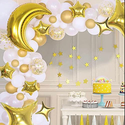 50Pcs 10 Inch Gold Star Foil Balloons Gold Star Shape Mylar Balloon Kit with 60Pcs Balloon Glue Point and 5Pcs Straws for Birthday Baby Shower Engagement Anniversary Wedding Party Decoration - style: Golden Four Point Star Balloons