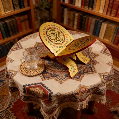 KYMY Muslim Quran Rehal Book Stand – Foldable Wooden Carved Quran Reading Holder for Al-Quran, Koran, Bible Books, Islamic Prayer Book Stand for Ramadan & Eid Decor - style: Round