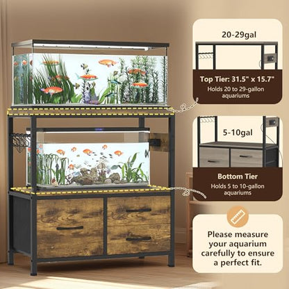 Heybly 20-29 Gallon Fish Tank Stand, Aquarium Stand with Drawer, Power Outlet, Heavy Duty Metal Frame, for Fish Tank, Turtle & Reptile Terrarium, 31.5" x 15.7" Top, 330lbs, Rustic Brown HAS001SR - color: Rustic Brown, size: 20-29 gal