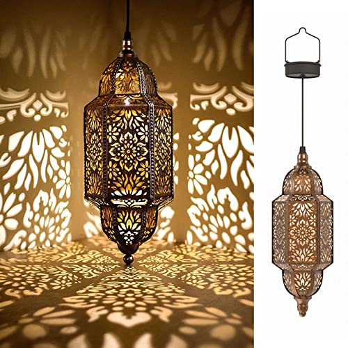 Twinkya 2 Pack Hanging Solar Lights Outdoor Garden Decorative Solar Lantern Waterproof Metal Moroccan Outdoor Decorations for Patio Pathway Yard Porch Backyard Garden Decor (Gold, 2 Pack) - color: Gold, size: 2pack