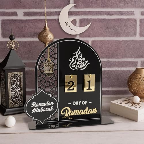 Acrylic Ramadan Countdown Calendar 2026, Black Eid Mubarak 30 Day Advent Calendar, Ramadans Decorations for Home, Indoor Islamic Table Stand Fireplace Office Desk Decor, Muslim Gifts for Kids