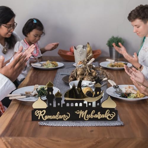 Wooden Acrylic Ramadan Decorations for Home 2026, Gold Black Ramadan Mubarak Eid Kareem Sign Stand, Wood Islamic Table Centerpiece Fireplace Office Desk Mosque Decor, Arabic Muslim Gifts