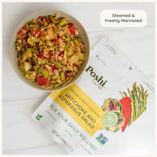 POSHI Artichoke & Asparagus Salad Natural, Keto, Vegan, Non GMO, Low Carb + Calorie, Gluten Free, Ready to Eat, Fully Cooked Vegetables, Pentry Food, Gourmet, Healthy, Travel Food, 6 Pack, 4.4 oz - size: 4.4 Ounce (Pack of 6)