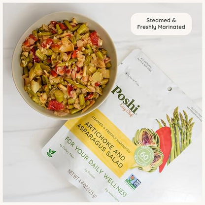 POSHI Artichoke & Asparagus Salad Natural, Keto, Vegan, Non GMO, Low Carb + Calorie, Gluten Free, Ready to Eat, Fully Cooked Vegetables, Pentry Food, Gourmet, Healthy, Travel Food, 6 Pack, 4.4 oz - size: 4.4 Ounce (Pack of 6)