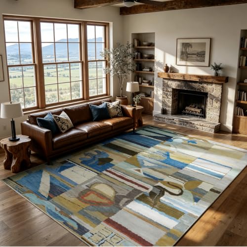 8x10 Modern Abstract Washable Area Rug for Living Room,Bedroom,Dining Room - color: Blue-brown-camel-white-red-black, size: 8' x 10' (Rectangular)