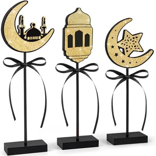 3 Pcs Ramadan Decorations Eid Mubarak Table Decor Wooden Set, Glitter Islamic Ramadan Tiered Tray Table Decorations,Ramadan Table Decor for Muslim Party Home Decor