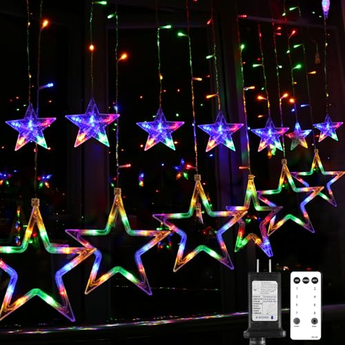 Blingstar Star Curtain Lights 138 LED 12 Star Multicolor Christmas Lights 8.2 Ft Connectable Window Lights with Remote Plug in Curtain String Lights for Christmas Ramadan Bedroom Indoor Outdoor Decor - color: Multicolor