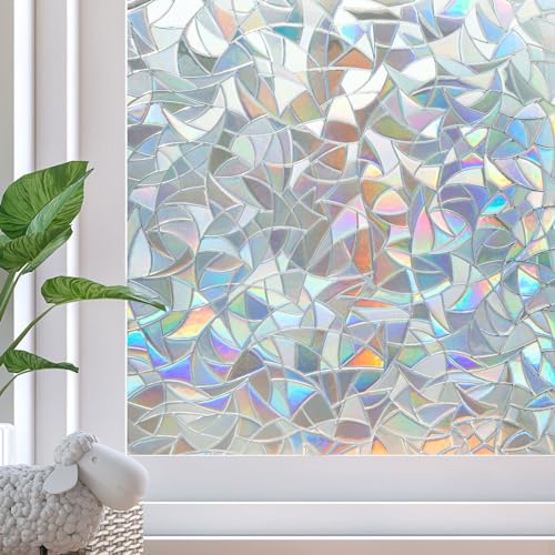 Rainbow Window Privacy Film Decorative, Static Cling Stained Glass Windows Tint for Home, 3D Decals Window Clings for Glass Windows, Suncatcher Cover Stickers (17.5" x 78.7") - color: Transparent, size: 17.5" x 78.7"