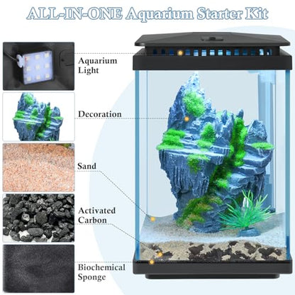 Small Glass Aquarium, 1 Gallon Desktop Fish Tank, Betta Fish Tank, Mini Aquarium Starter Kit with Air Pump LED Light Decoration Water Changer Fish Net (Black) - color: Black