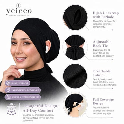 Jersey Hijab Undercap with Earhole, Slouchy Stretch Beanie Inner Caps, Breathable Under Scarf Liner Cap (1PC/3PC) - color: Black+navy+khaki
