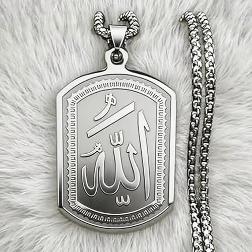 Islamic Necklace Stainless Steel for Men Fashion Exquisite Allah Tag Rectangular Pendant Necklace Amulet Muslim Gift - color: Silver