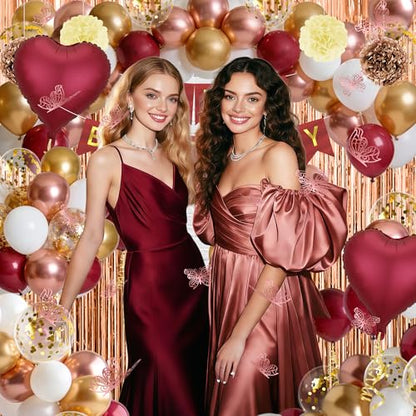 Burgundy Balloons Birthday Decorations, Happy Birthday Banner, Tassel, Heart Foil Balloons, Butterfly, Paper Flower and Fringe Curtains for Happy Birthday Decorations for Women Adults - style: Burgundy