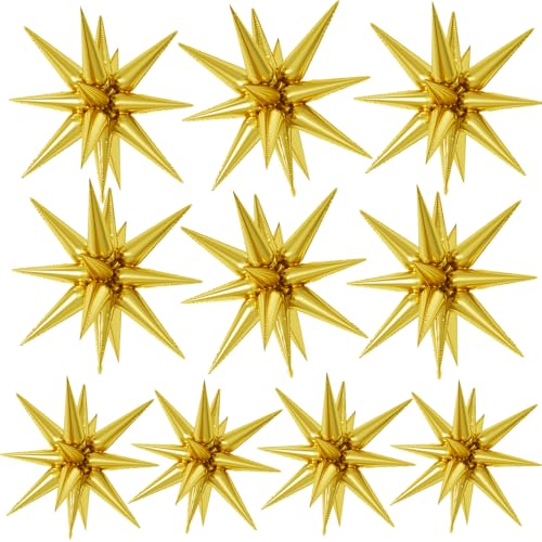 Gold Star Foil Balloons 10 Pcs 22Inch Large Gold Spike Cone Star Explosion - color: Gold