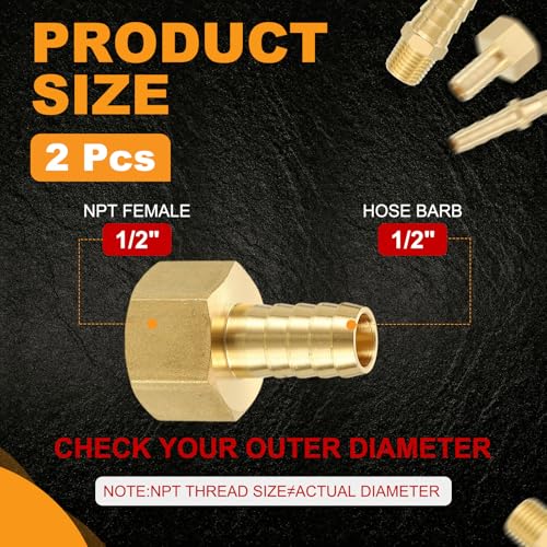 HARFINGTON 2pcs 1/2" to 1/2" NPT Female Brass Hose Barb Fitting Metals Splicer Mender with 2 Pieces Stainless Steel Hose Clamps for 3D Printing, Air Compressor, CNC Machine, Dies - size: 1/2" Barb To 1/2" NPT Female with Clamp
