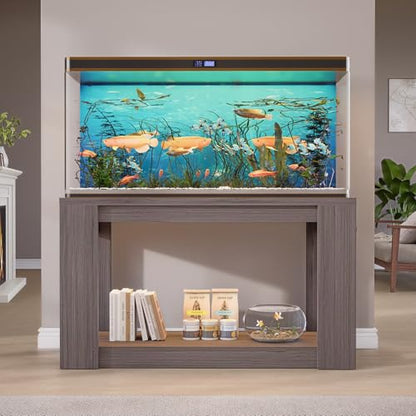 Farmhouse 75–120 Gallon Aquarium Stand for Fish or Reptile Tank, 48"x24" Tabletop Terrarium Stand with Power Outlet and Storage Shelves, Natural Brown Fish Tank Stand, 1500LBS Capacity,Gray Wood
