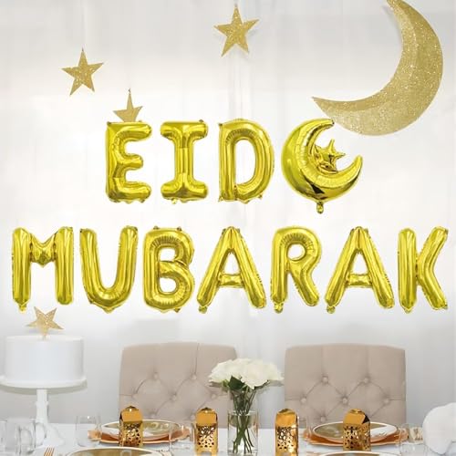11pcs Eid Mubarak Balloon Banner Set, Golden Foil Balloons with Crescent Moon & Star, Ramadan Party Decor for Home, Wall, Festival Decoration, Shiny Finish