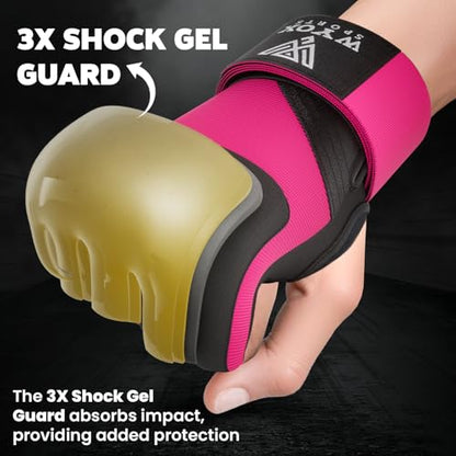 WYOX Gel Boxing Hand Wraps & Curved Focus Mitts Bundle for Men & Women Adults – 80cm Wrist Straps, Padded Knuckle Support, Neoprene Inner Glove Gel Padding, MMA Muay Thai Kickboxing Training Pads