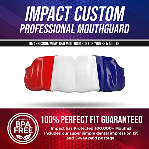 Impact Mouthguard Boxing, MMA, Muay Thai Sports Mouthguards for Youth Adults, Professional Custom-Fit, Red/White/Blue - color: Silver on Black