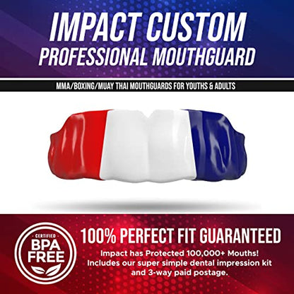 Impact Mouthguard Boxing, MMA, Muay Thai Sports Mouthguards for Youth Adults, Professional Custom-Fit, Red/White/Blue - color: Silver on Black