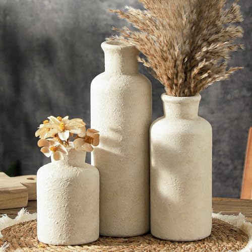 Ceramic Vases Set of 3, Whitewashed Neutral Flower Vases Home Decor, Pottery Rustic Farmhouse Decorative Vases Modern Decor for Table Mantel Entryway Bookshelf Living Room Kitchen Bedroom - color: 007 Rustic - White