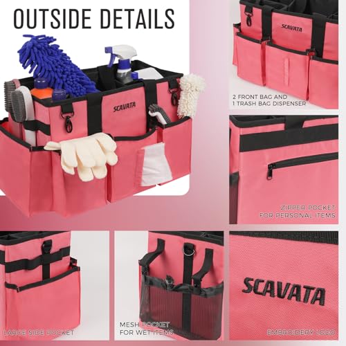 SCAVATA Wearable Cleaning Caddy Bag, Cleaning Caddy Supplies Organizer with Handle & Shoulder Straps for Housekeepers, Under Sink & Car Cleaning Tool Organizers with 4 Foldable Divider (RoseRed) - color: RoseRed