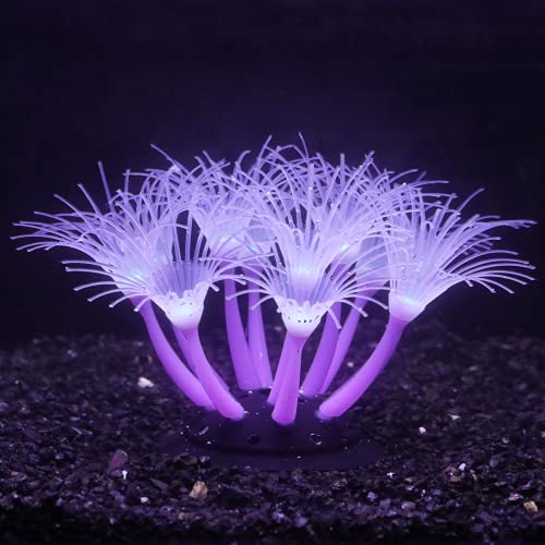 Glow-in-the-Dark Silicone Aquarium Flower (Purple, Sunflower) | Glow-in-dark silicone flower sways with water flow. Safe silicone, changes color under light. Aquarium decor. - color: Purple