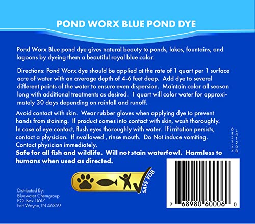 Pond Worx Blue Lake and Pond Dye - 4X Concentrated Liquid Pond Colorant - Treats up to 1 Acre - 1 Quart