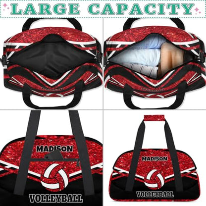 Personalized Sports Volleyball Bag, Custom Team Name Gym Sport Duffel Bag Weekender Bags Travel Duffel Bag, Red Glittering with Black - color: Red Black