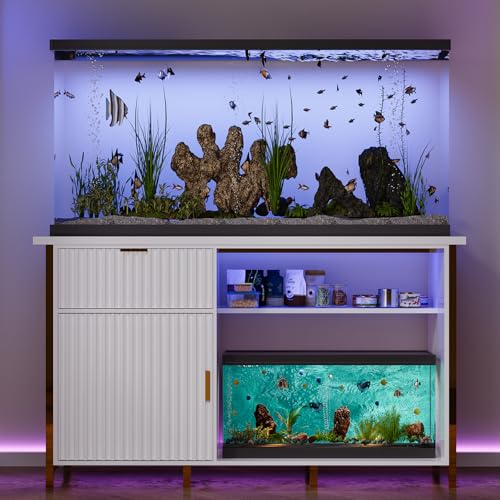 55-75 Gallon Fish Tank Stand with Power Outlets, LED Light, Vertical Lines, Heavy Duty Aquarium Stand with Cabinet for Fish Tank Accessories Storage, Turtle Tank, Reptile Terrarium, 1100LBS, White - color: White and Gold