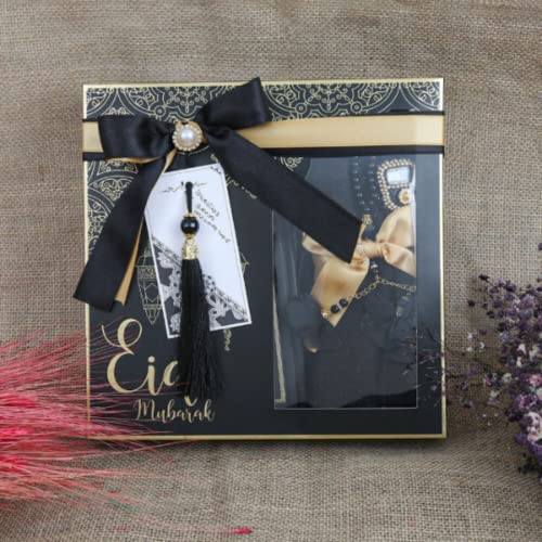VOGUEHOMEDECOR Eid Mubarak Gift Box For Women, Eid Favor Set | Quran, Shawl, Prayer Rug, Misbaha, Bookmark Islamic Gift Set For Her | Muslim Eid Gift Set (Black)