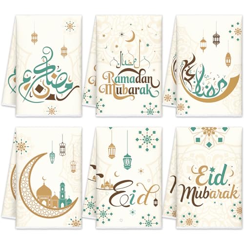 FuWeave 6 Pcs Eid Mubarak Kitchen Towels Ramadan Kareem Dish Towels Decorative Star Moon Stripe Hand Towel Islamic Tea Towel Ramadan Decor for Home Bathroom Kitchen Gifts(Elegant,Vintage Colors) - color: Vintage Colors, style: Elegant