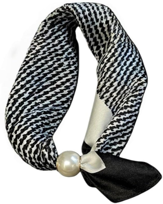 Women’s Silk Pearl magnetic buckle Scarf with Charm Buckle Satin Square Scarf for Neck Retro Floral Print，hair band - color: 01-1