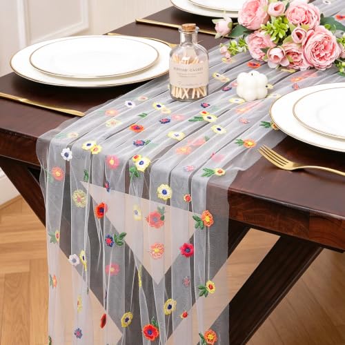 Ivory Embroidery Daisy Gauze Table Runner 10FT Floral Seasonal 120 Inch Sheer Tulle Table Runner Kitchen Dining Wedding Birthday Christmas Decor for Home Party Decorations - color: Ivory, size: 10 ft × 1 pc