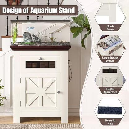 10-15 Gallon Fish Tank Stand - Aquarium Stand with Power Outlets | 198LBS Capacity Fish Tank Table with Storage Cabinet & Drawer, Aquarium Table for Reptile Terrarium Stand Beige