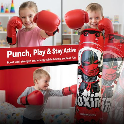 COMMOUDS 67inch Punching Bag for Kids, Inflatable Kids Boxing Set with Gloves, Fast Rebound Punching Bag for Practicing Karate, Taekwondo, MMA, Christmas/Birthday Gift for Boys Girls, Ages 6-14 - color: Red