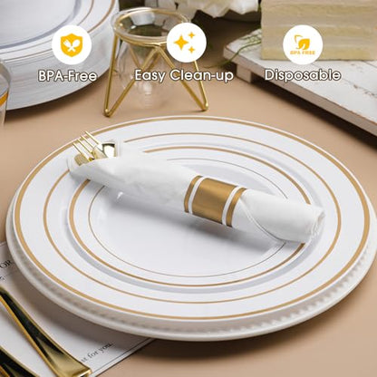 350 PCS White and Gold Plastic Dinnerware Set for 50 Guests - color: Gold, size: 350 PCS