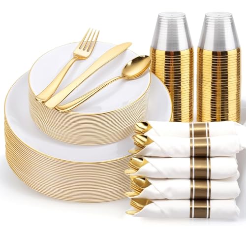 KIRE 175PCS Gold Plates Disposable - Heavy Duty White and Gold Plastic Plates Dinnerware Sets - 25 for Dinner 25 for Dessert 25 Pre Rolled Napkins and 25 Cups for Birthday/Wedding/Party - color: 175PCS - White and Gold