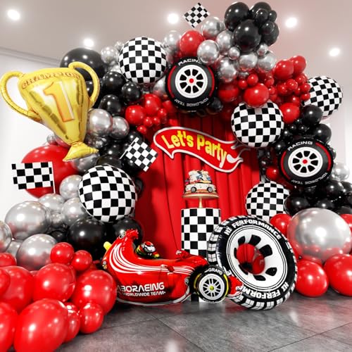 Race Car Balloons Arch Kit -Trophy, Flags, Cars, Tire, Checkered, Wheels and Red Black Silver Balloon Garland Kit for Racing Car Theme Two Fast 2nd Boy Birthday Anniversary Party Decorations - color: Red and Black Silver