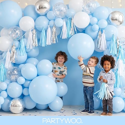 PartyWoo 베이비 블루 풍선 152피스 다양한 사이즈 45.7cm(18인치), 30.5cm(12인치), 25.4cm(10인치), 12.7cm(5인치) 라이트 파스텔 스카이 아쿠아 블루 풍선 아치 키트 화환 졸업 베이비 샤워 성별 공개 부활절 파티 장식 블루-Q13 - color: 블루-q13