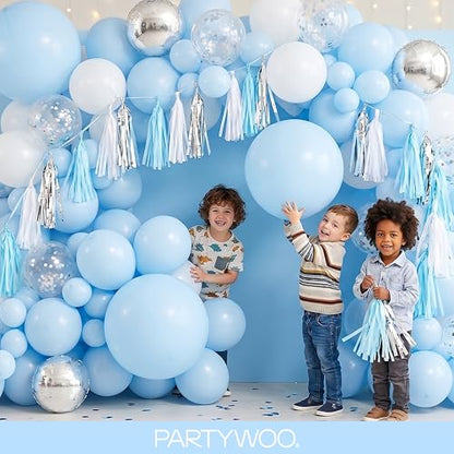 PartyWoo 베이비 블루 풍선 152피스 다양한 사이즈 45.7cm(18인치), 30.5cm(12인치), 25.4cm(10인치), 12.7cm(5인치) 라이트 파스텔 스카이 아쿠아 블루 풍선 아치 키트 화환 졸업 베이비 샤워 성별 공개 부활절 파티 장식 블루-Q13 - color: 블루-q13