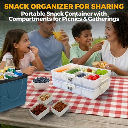Stackable Snackle Box Container 2 Pack, 14 Compartments with 2 Drain Compartments, BPA-Free Snack Organizer with Lids & Handles for Family Snacks, Dishwasher & Microwave Safe (White 2 Pack) - color: White