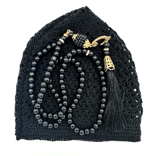 ESERRA Kufi Hats for Men and Women with 99 Tasbih Prayer Beads, Muslim Thick Breathable Skull Cap, Tasbeeh, Prayer Cap - color: Black