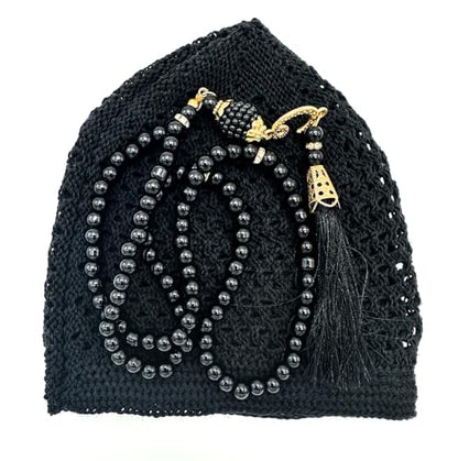 ESERRA Kufi Hats for Men and Women with 99 Tasbih Prayer Beads, Muslim Thick Breathable Skull Cap, Tasbeeh, Prayer Cap - color: Black