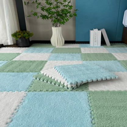 FYYSJW 10 Piece Plush Patchwork Foam Floor Mat, Soft Interlocking Floor Carpet Squares, Fluffy Puzzle Area Rug, 12 X 12 Inch,Green+Blue+White - color: Green+blue+white