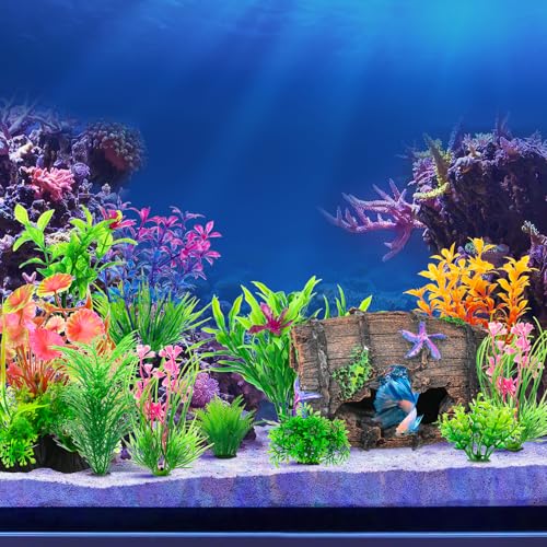 CousDUoBe Fish Broken Barrel Decor Fish Tank Decorations Betta Fish Tank Accessories,Starfish Barrel x 1pc, Aquarium Plants x 11pcs - size: 12 Pcs